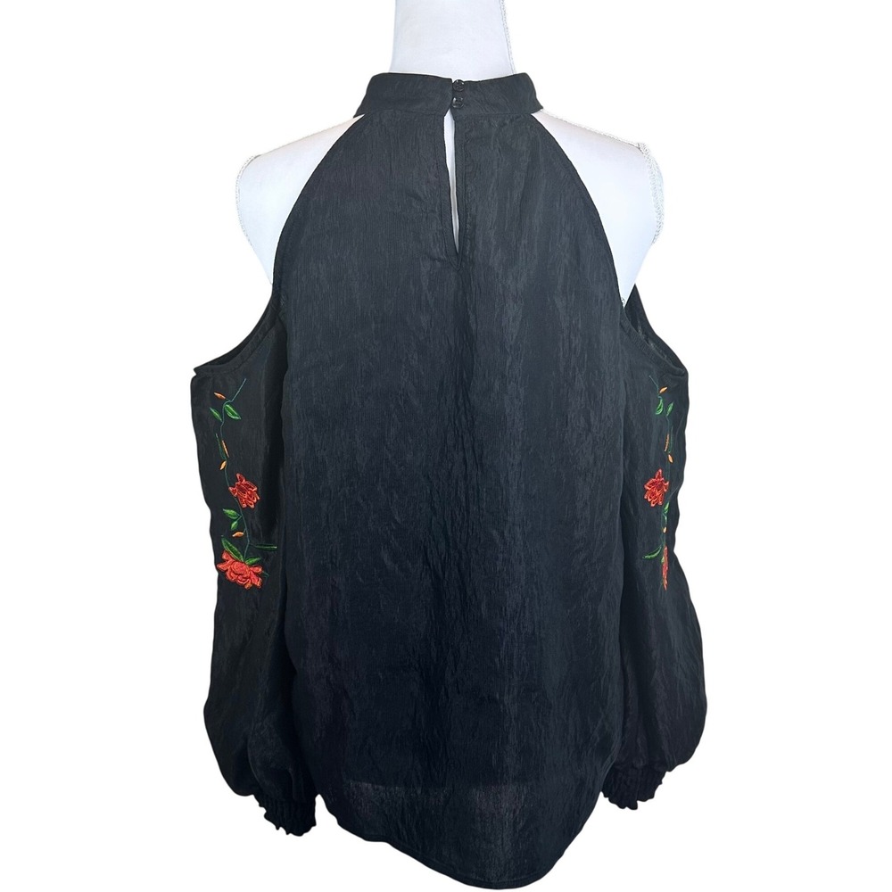 Lumiere Black Floral Embroidered Cold Shoulder High Neck Blouse Women's Medium‎ - Picture 3 of 7